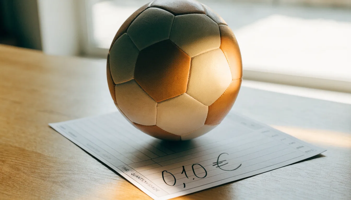 Uma bola de futebol pousada sobre um talão de apostas em branco numa mesa de madeira, à luz do dia