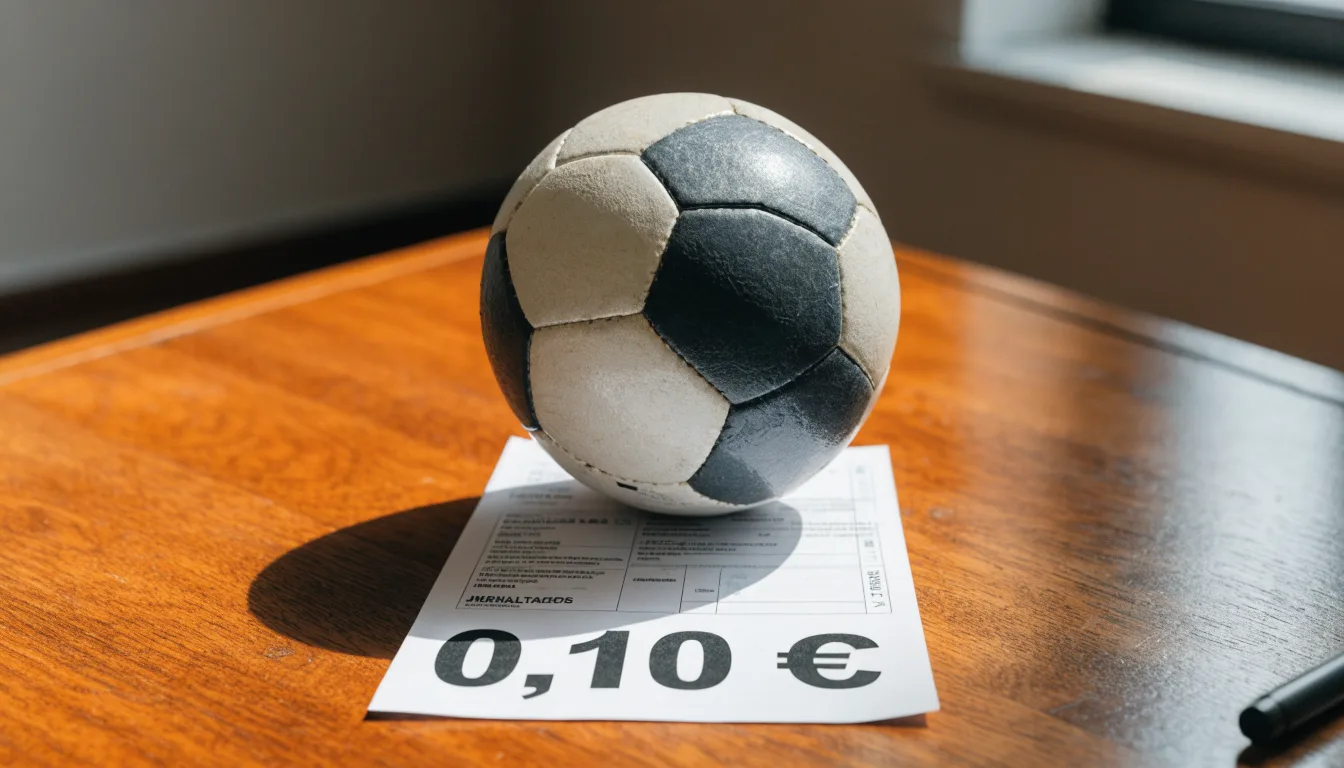 Uma bola de futebol pousada sobre um talão de apostas em branco numa mesa de madeira, à luz do dia