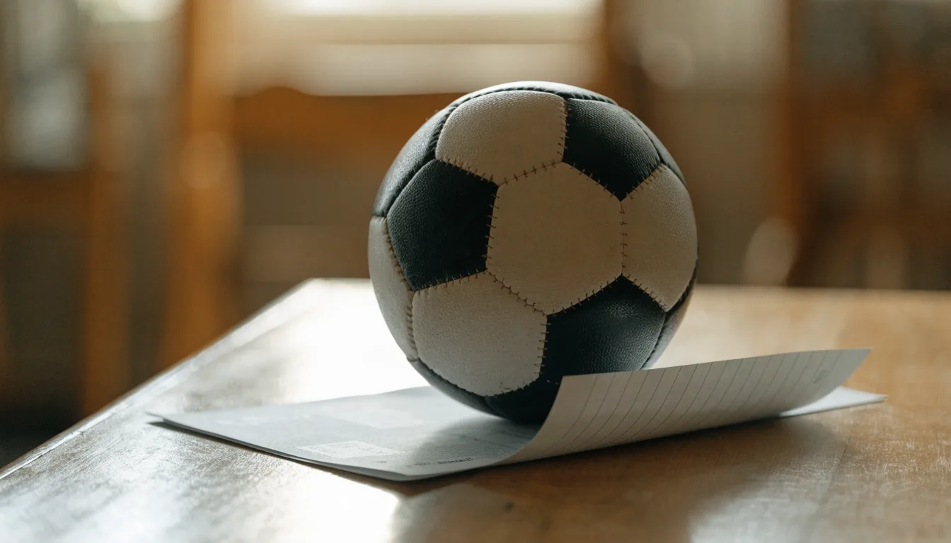 Uma bola de futebol pousada sobre um talão de apostas em branco numa mesa de madeira, à luz do dia