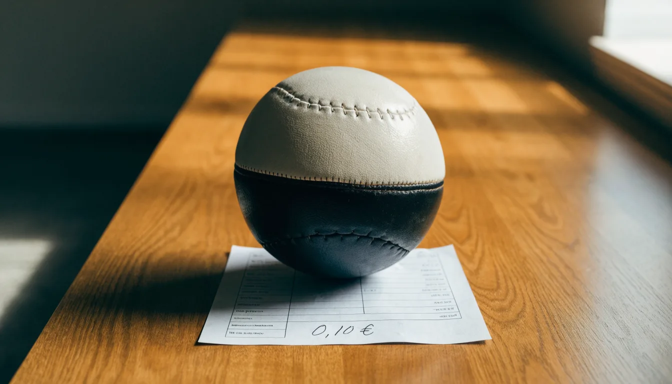 Uma bola de futebol pousada sobre um talão de apostas em branco numa mesa de madeira, à luz do dia