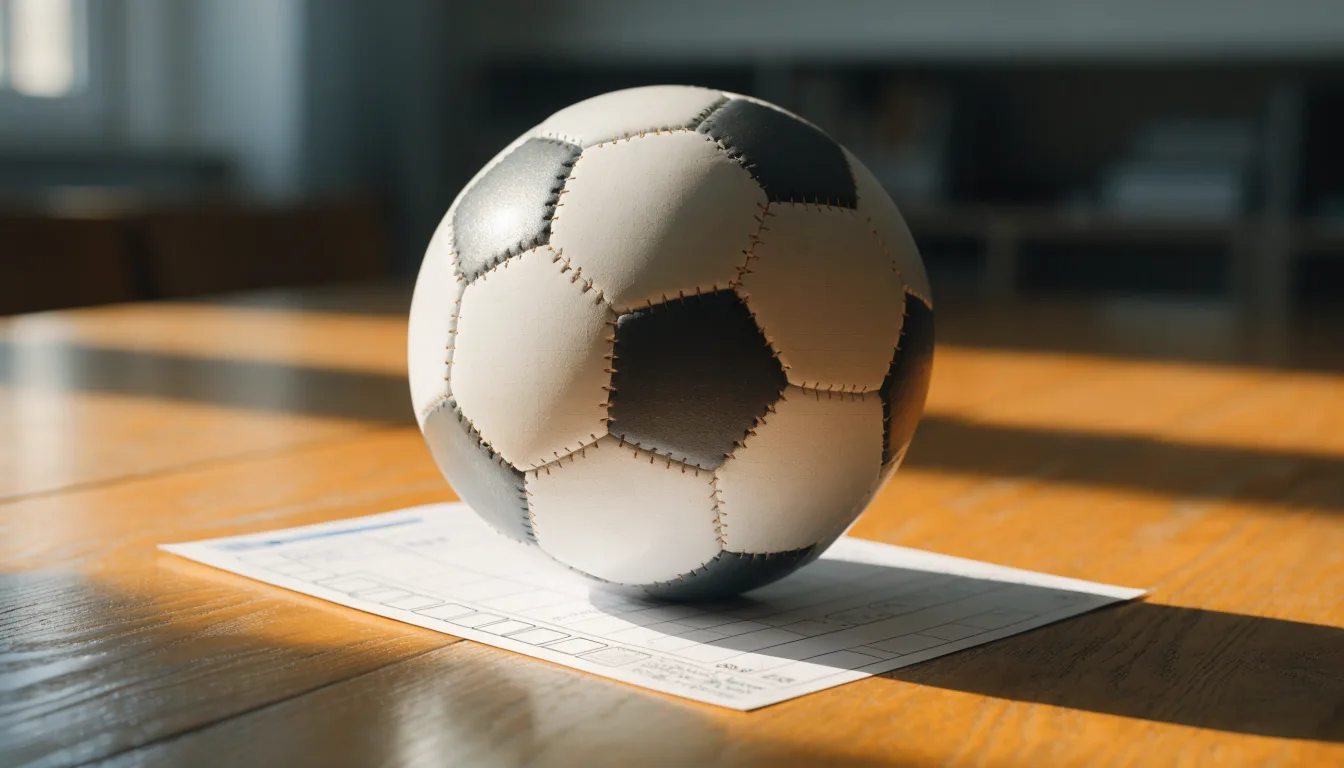Uma bola de futebol pousada sobre um talão de apostas em branco numa mesa de madeira, à luz do dia