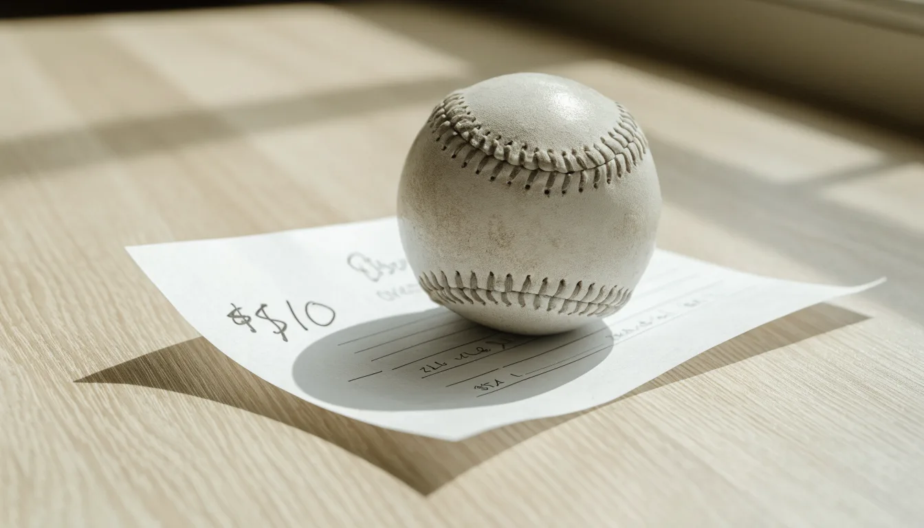 Uma bola de futebol pousada sobre um talão de apostas em branco numa mesa de madeira, à luz do dia