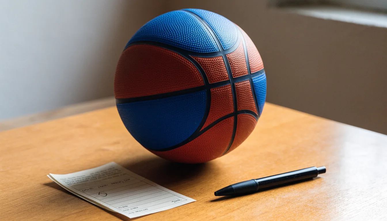 Uma bola de futebol pousada sobre um talão de apostas em branco numa mesa de madeira, à luz do dia