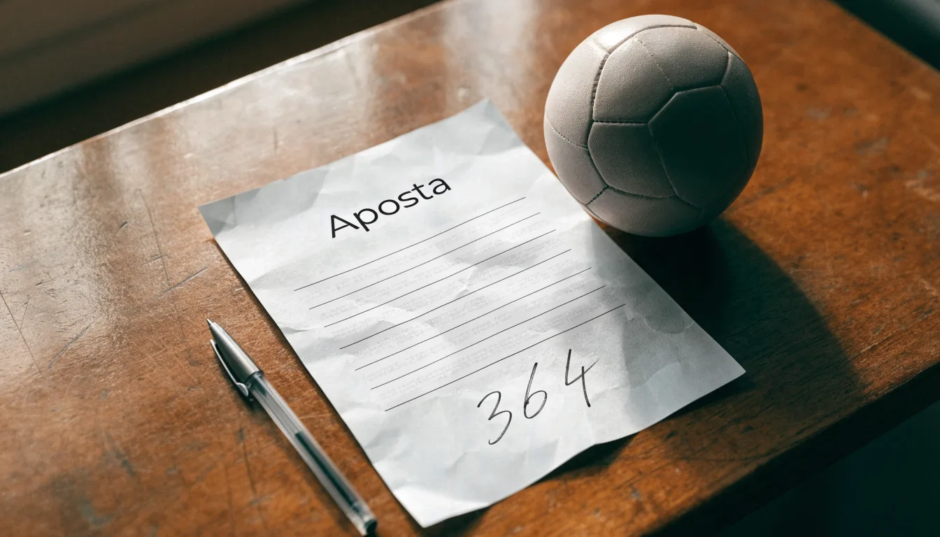 Uma bola de futebol pousada sobre um talão de apostas em branco numa mesa de madeira, à luz do dia