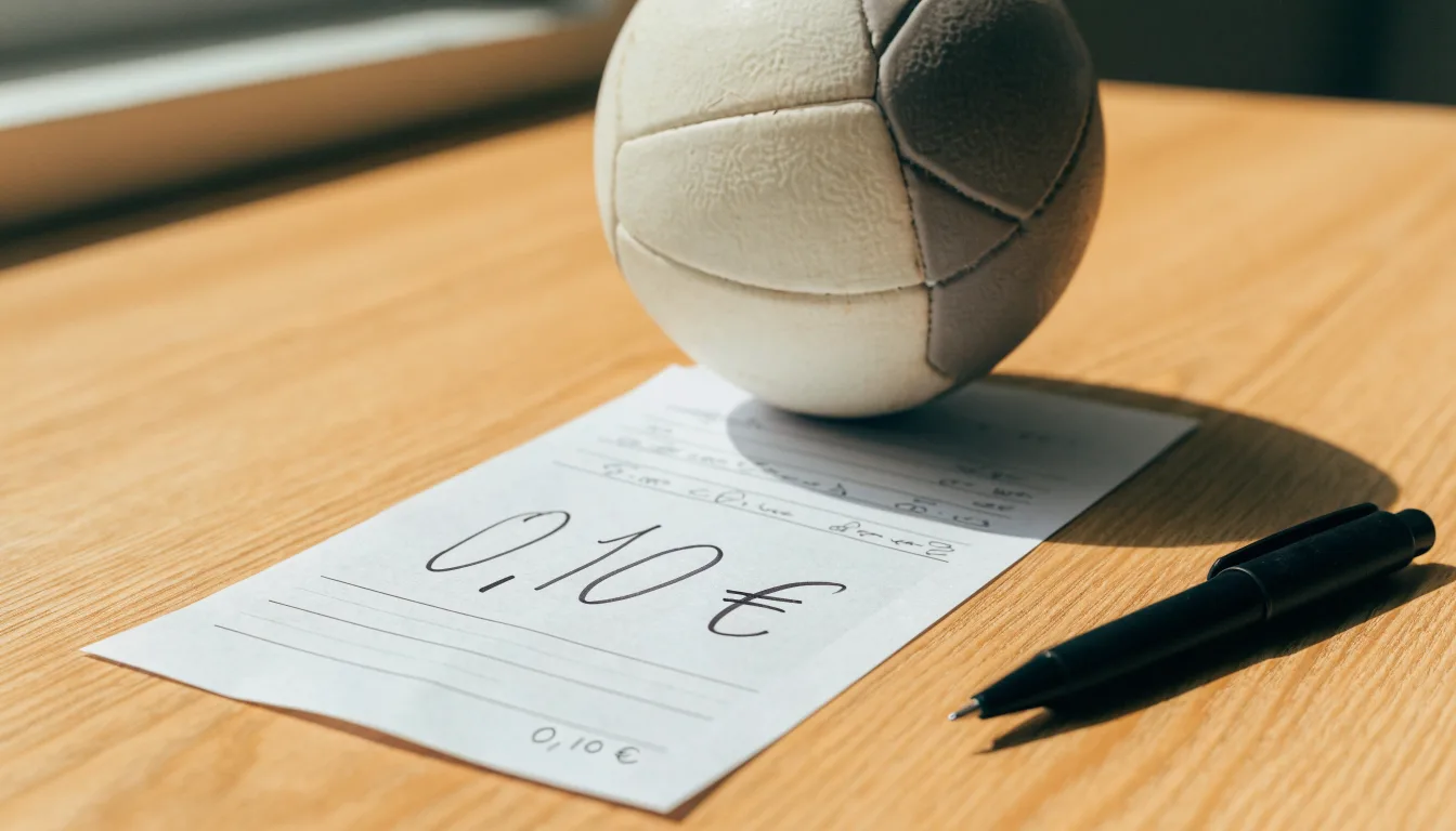 Uma bola de futebol pousada sobre um talão de apostas em branco numa mesa de madeira, à luz do dia