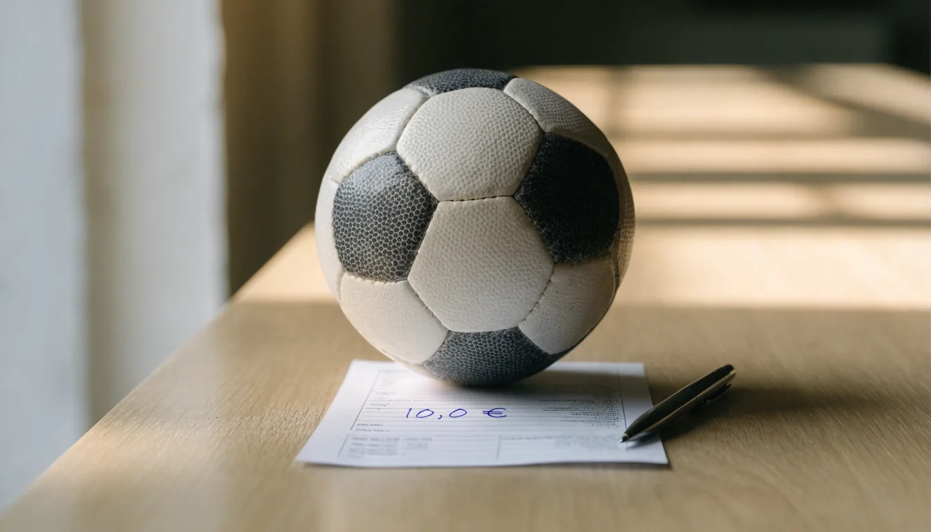 Uma bola de futebol pousada sobre um talão de apostas em branco numa mesa de madeira, à luz do dia
