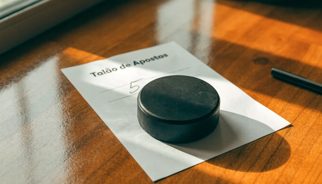 Uma bola de futebol pousada sobre um talão de apostas em branco numa mesa de madeira, à luz do dia