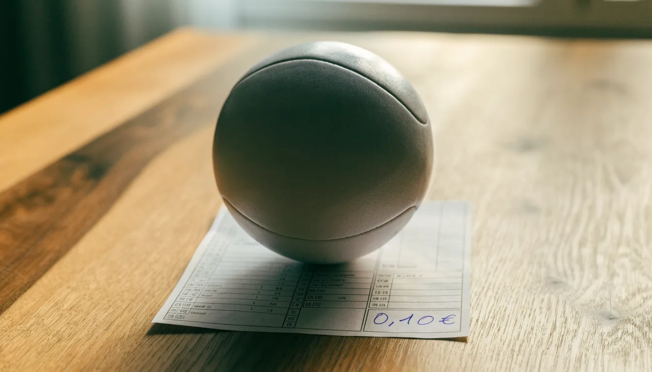 Uma bola de futebol pousada sobre um talão de apostas em branco numa mesa de madeira, à luz do dia