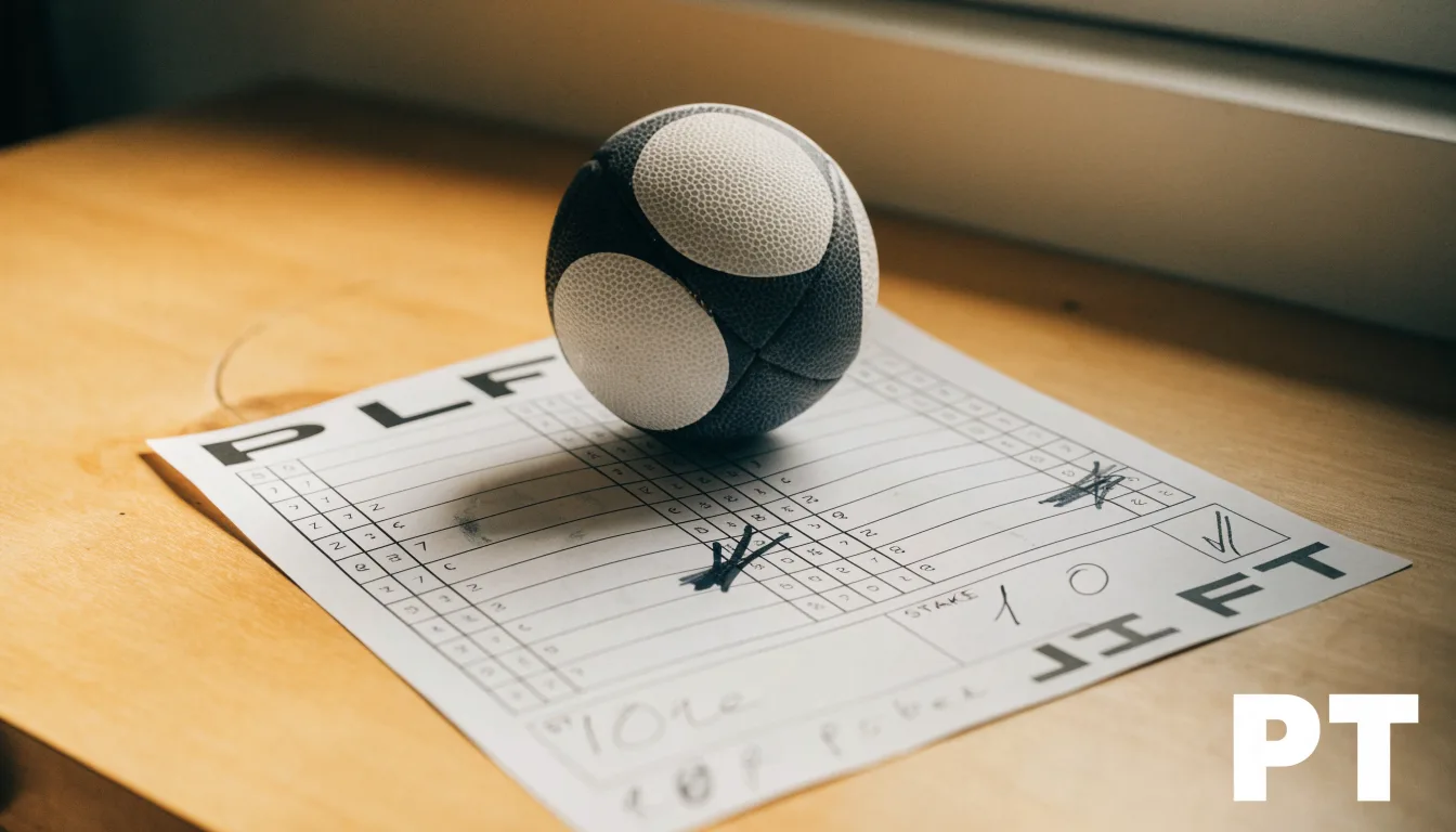 Uma bola de futebol pousada sobre um talão de apostas em branco numa mesa de madeira, à luz do dia