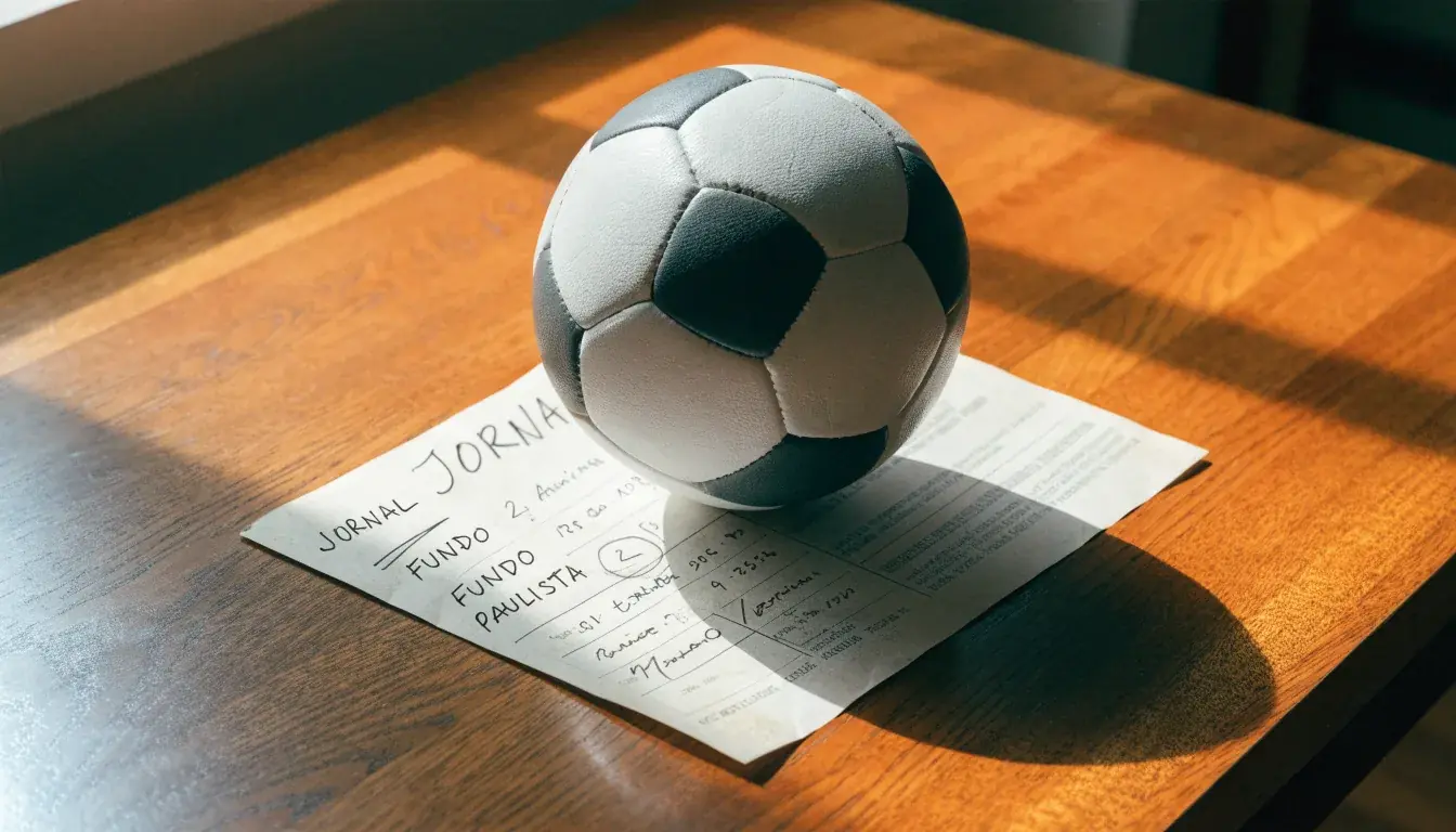 Uma bola de futebol pousada sobre um talão de apostas em branco numa mesa de madeira, à luz do dia