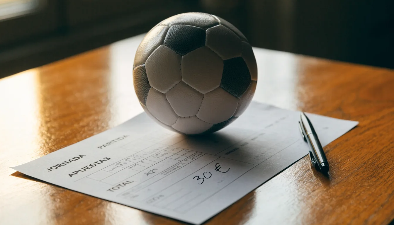 Uma bola de futebol pousada sobre um talão de apostas em branco numa mesa de madeira, à luz do dia