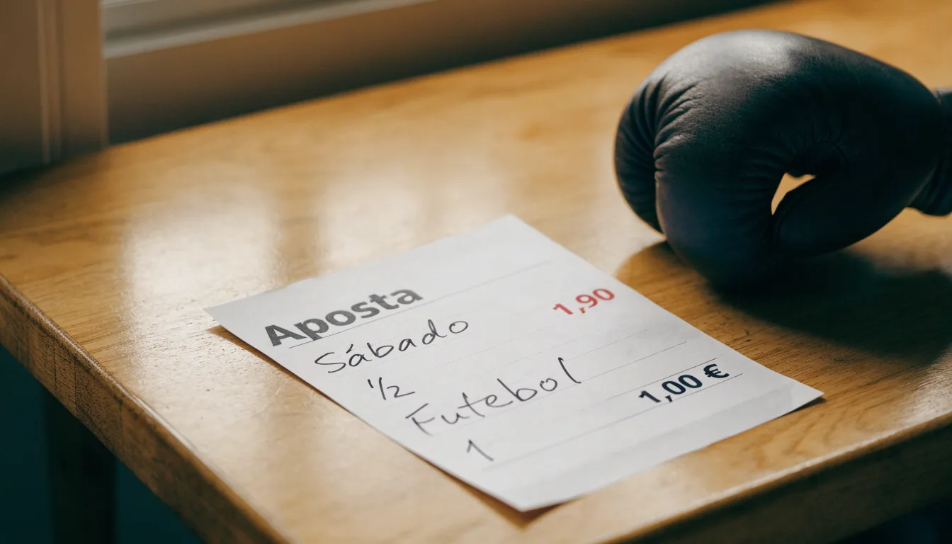 Uma bola de futebol pousada sobre um talão de apostas em branco numa mesa de madeira, à luz do dia