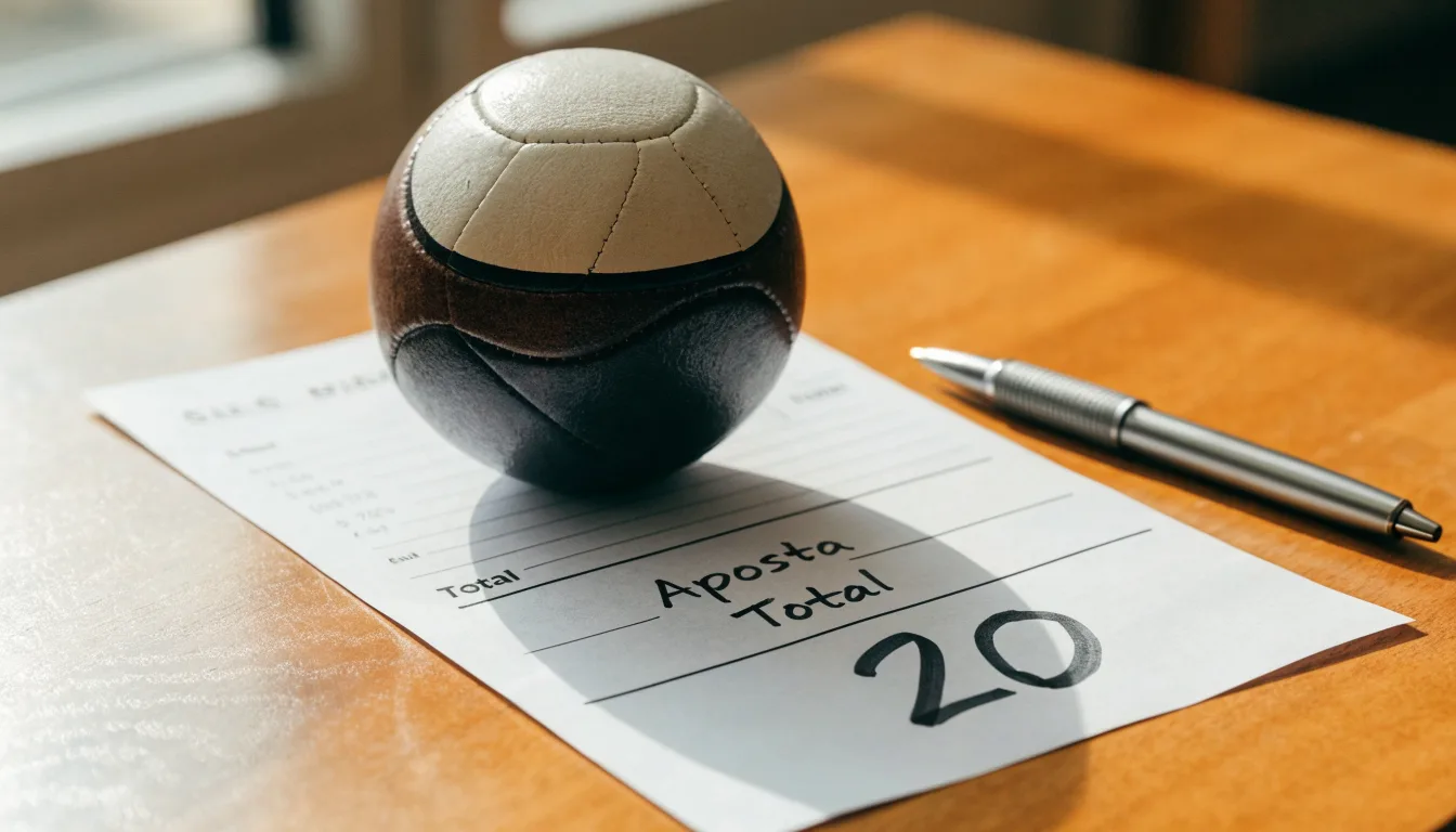 Uma bola de futebol pousada sobre um talão de apostas em branco numa mesa de madeira, à luz do dia