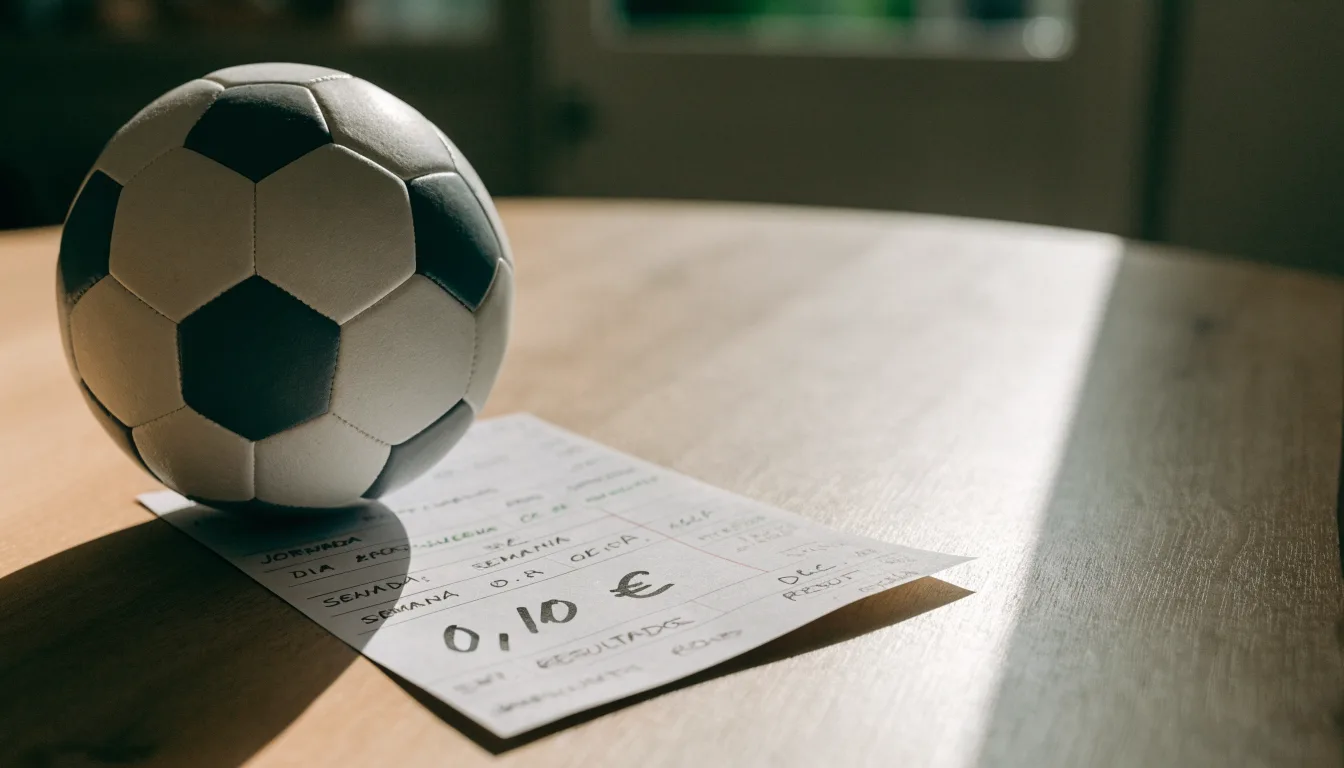 Uma bola de futebol pousada sobre um talão de apostas em branco numa mesa de madeira, à luz do dia