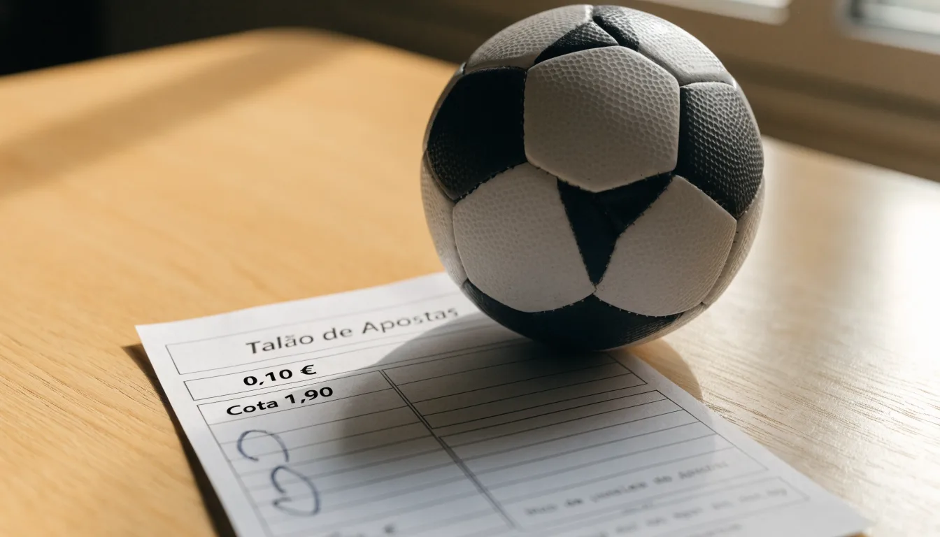 Uma bola de futebol pousada sobre um talão de apostas em branco numa mesa de madeira, à luz do dia