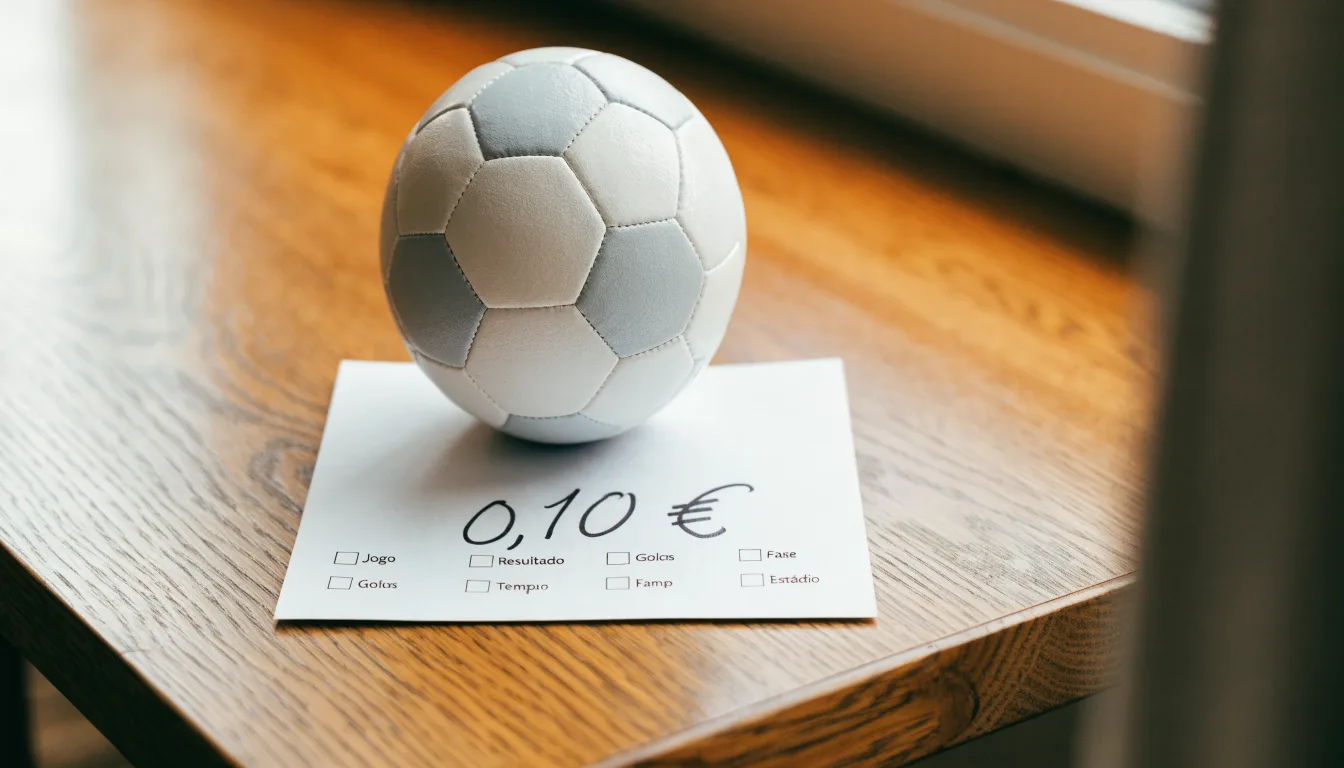 Uma bola de futebol pousada sobre um talão de apostas em branco numa mesa de madeira, à luz do dia