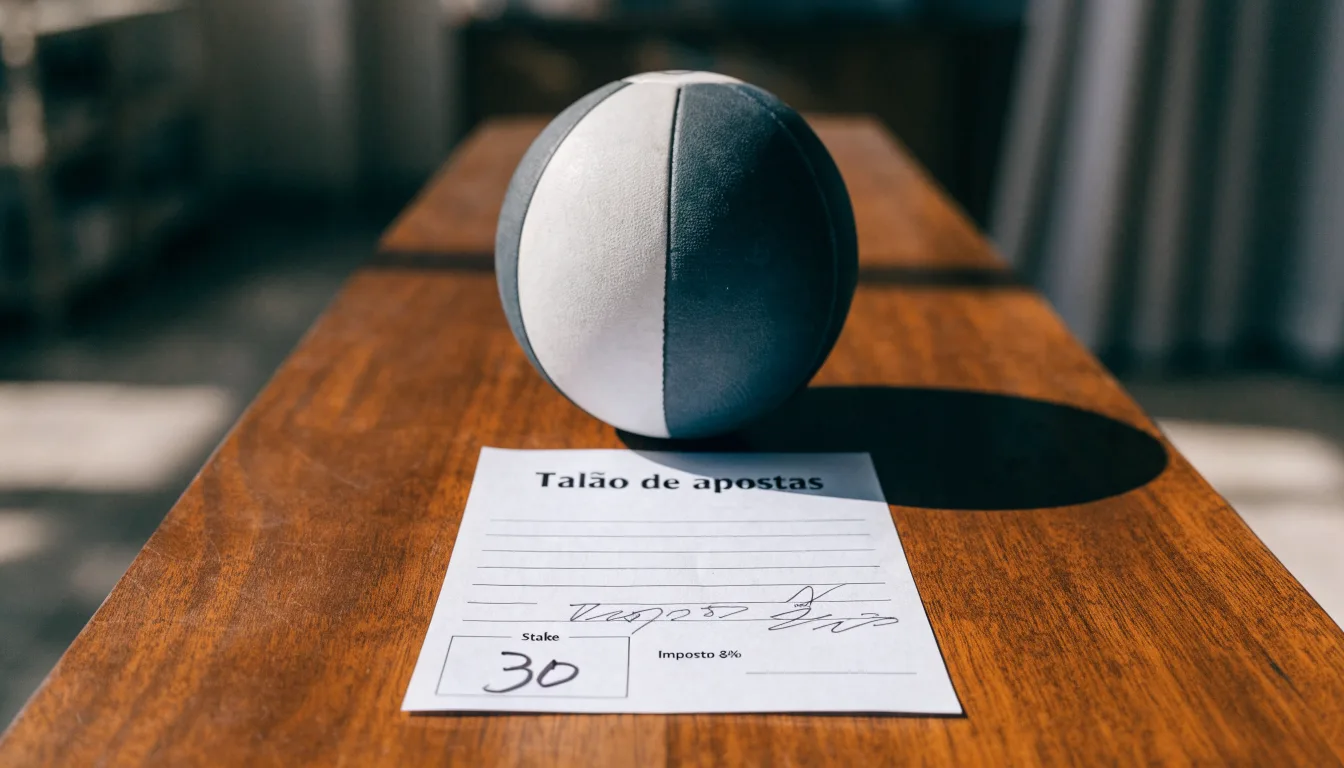 Uma bola de futebol pousada sobre um talão de apostas em branco numa mesa de madeira, à luz do dia