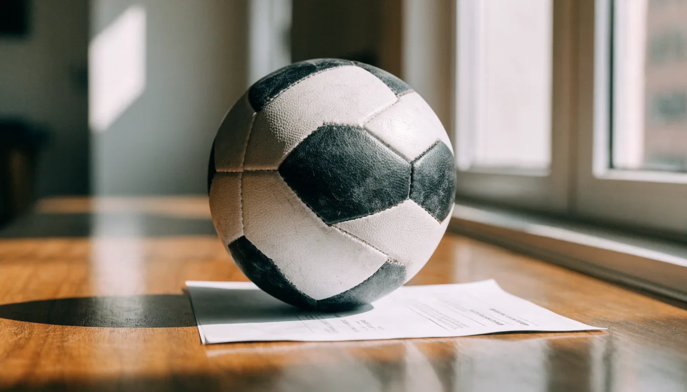 Uma bola de futebol pousada sobre um talão de apostas em branco numa mesa de madeira, à luz do dia