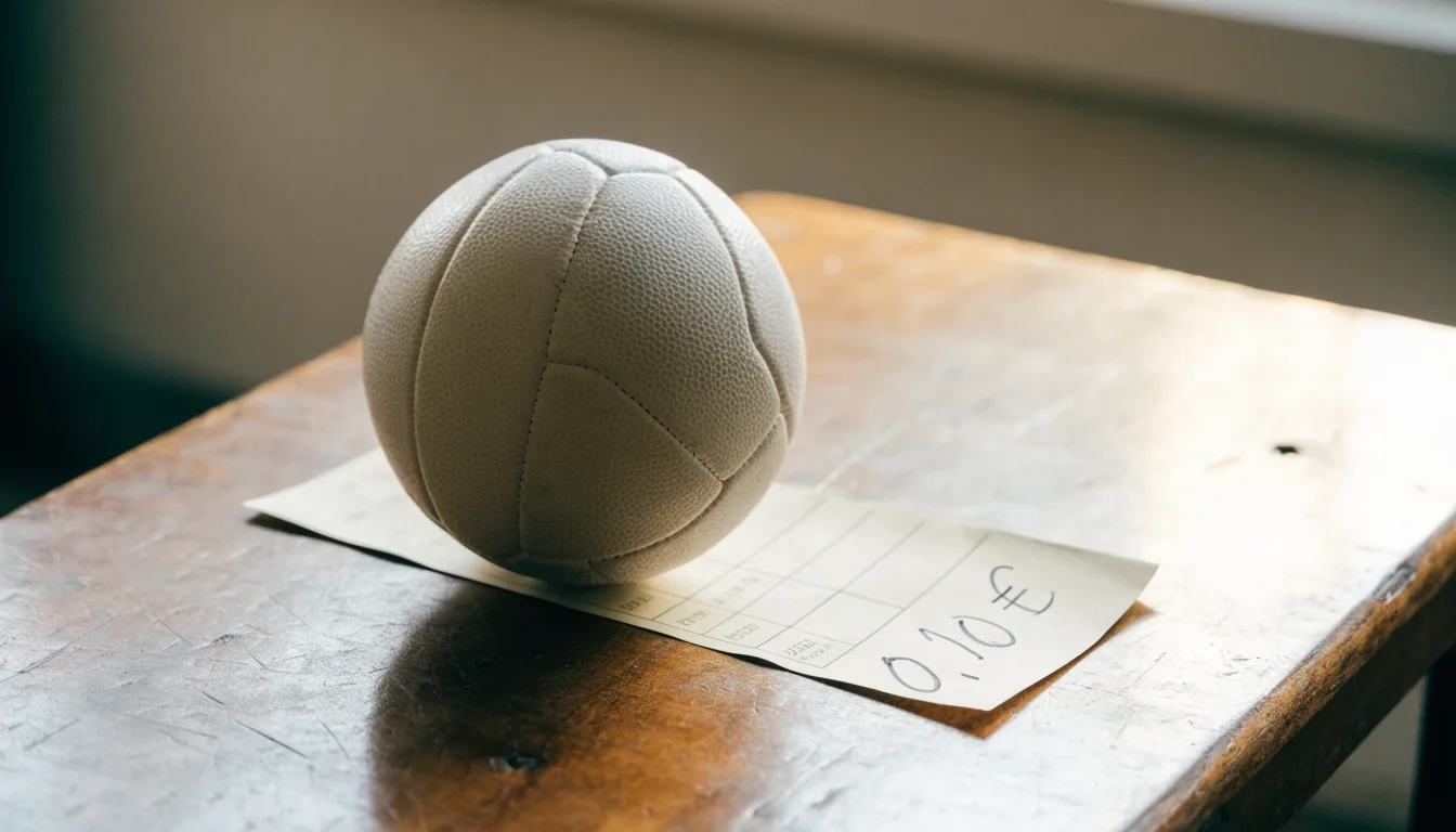 Uma bola de futebol pousada sobre um talão de apostas em branco numa mesa de madeira, à luz do dia