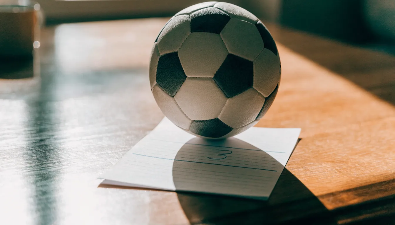 Uma bola de futebol pousada sobre um talão de apostas em branco numa mesa de madeira, à luz do dia