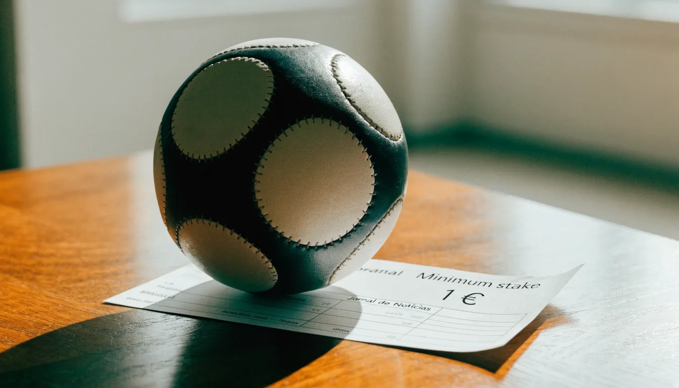 Uma bola de futebol pousada sobre um talão de apostas em branco numa mesa de madeira, à luz do dia