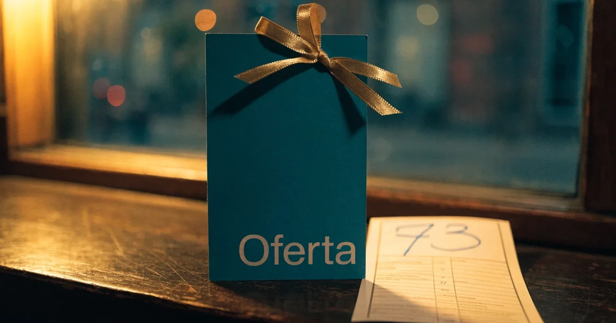 Um cartão de oferta com uma fita dourada ao lado de um talão de apostas numa bancada de madeira