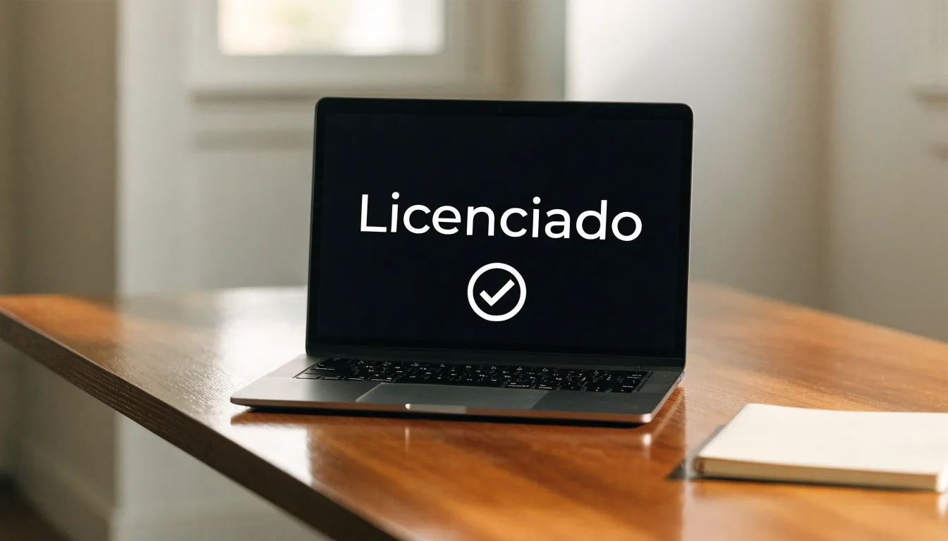 Uma folha de licença em papel com um selo vermelho, pousada numa secretária de madeira ao lado de uma caneta