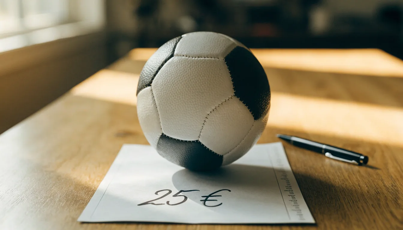 Uma bola de futebol pousada sobre um talão de apostas em branco numa mesa de madeira, à luz do dia