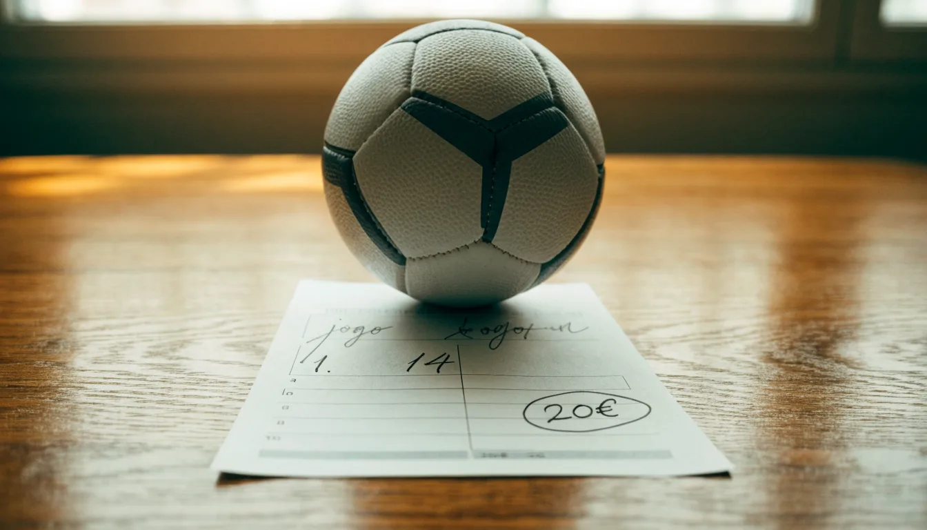 Uma bola de futebol pousada sobre um talão de apostas em branco numa mesa de madeira, à luz do dia