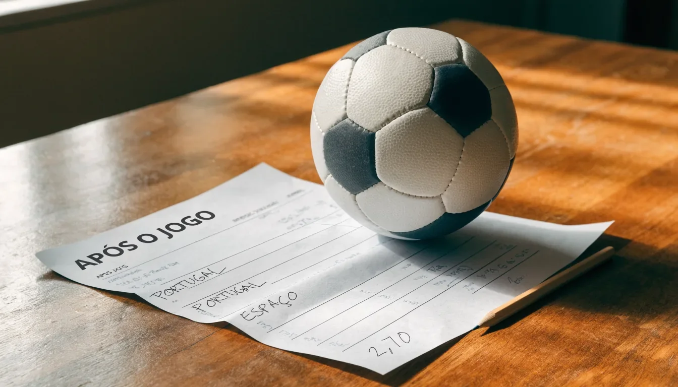Uma bola de futebol pousada sobre um talão de apostas em branco numa mesa de madeira, à luz do dia