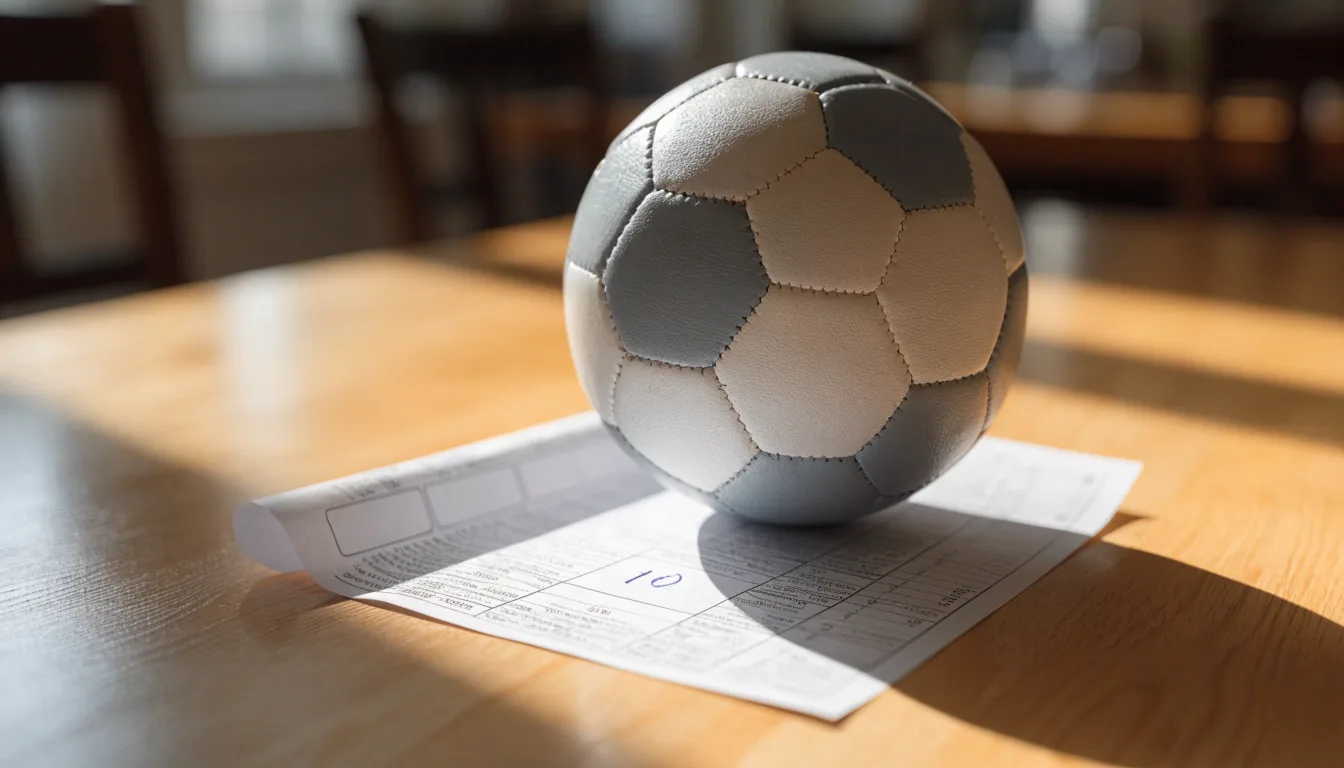 Uma bola de futebol pousada sobre um talão de apostas em branco numa mesa de madeira, à luz do dia