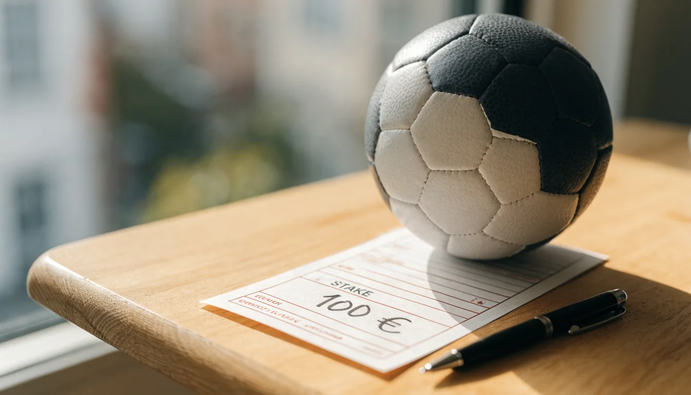 Uma bola de futebol pousada sobre um talão de apostas em branco numa mesa de madeira, à luz do dia