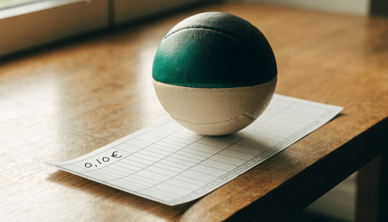 Uma bola de futebol pousada sobre um talão de apostas em branco numa mesa de madeira, à luz do dia