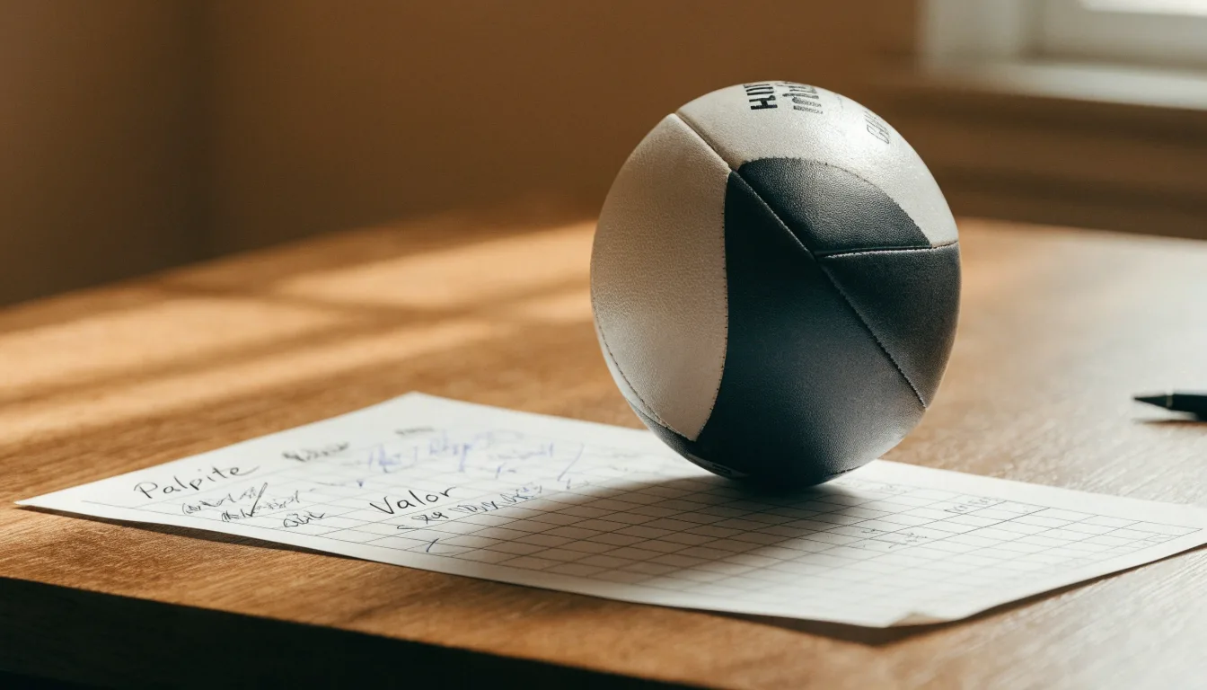 Uma bola de futebol pousada sobre um talão de apostas em branco numa mesa de madeira, à luz do dia